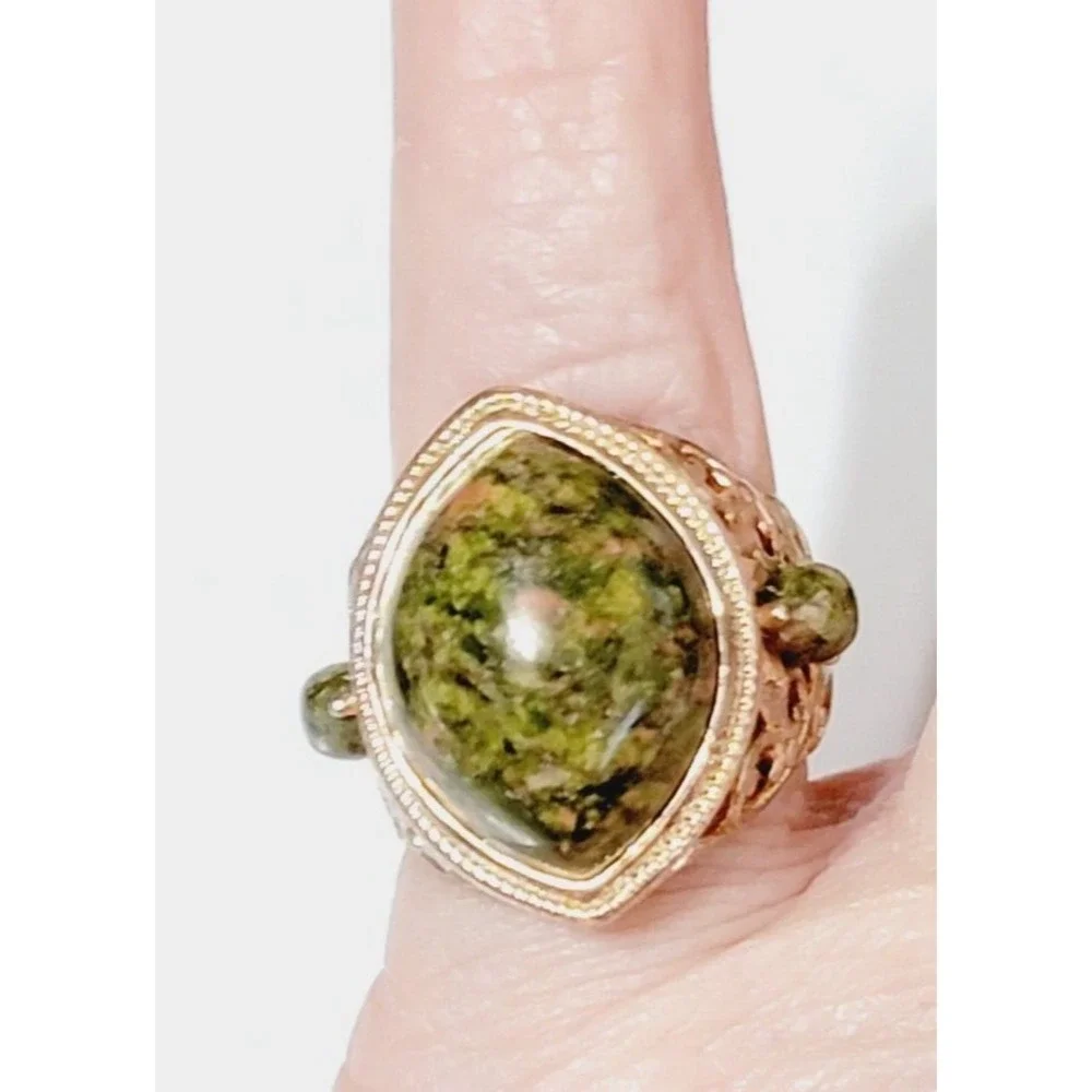 Vintage Rose Gold Green Agate Ornate Mogul Fashion Ring JZ China Size 8